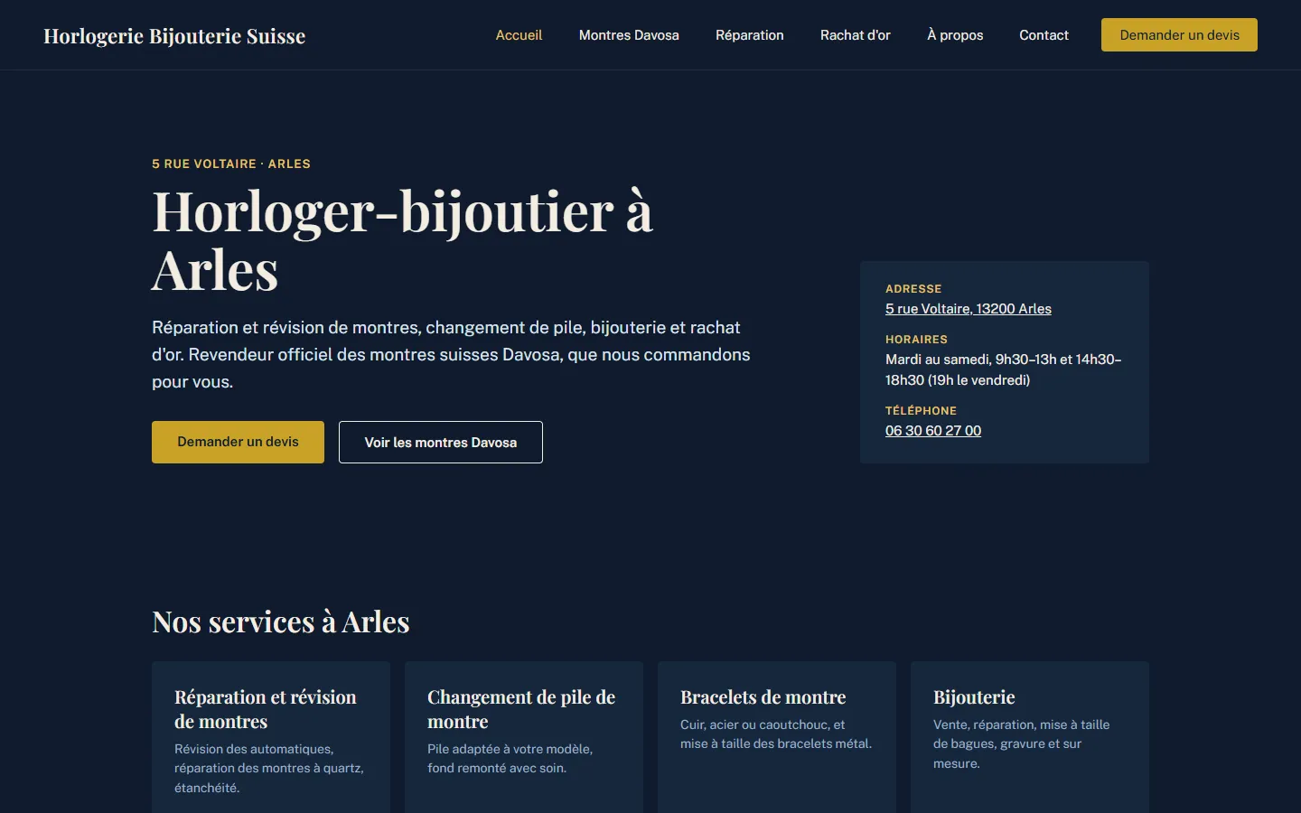 Page d'accueil du site Horlogerie Bijouterie Suisse, horloger-bijoutier à Arles